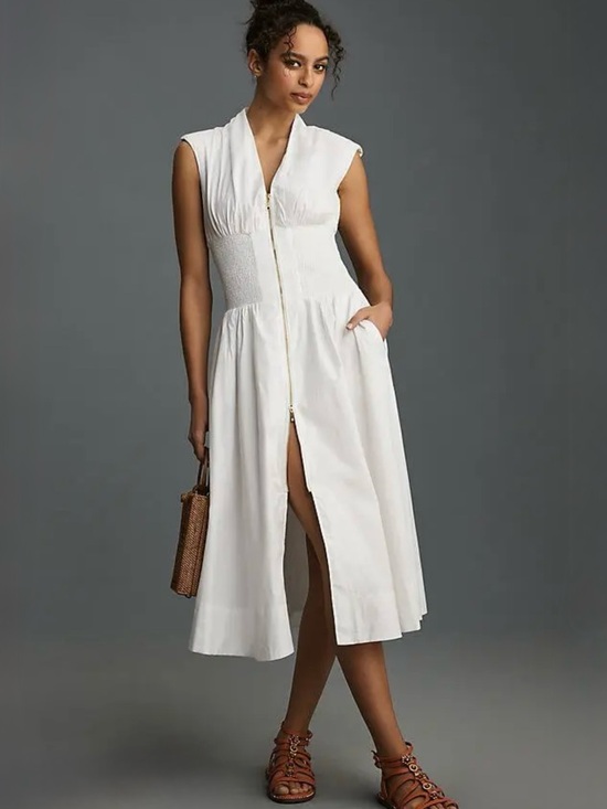 Anthropologie Dresses & Skirts - Anthropologie Cotton The Tommie Smocked Waist Front Zip Shirt Dress White Size M